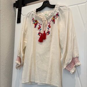 Jade Cream Kids Blouse with Colorful Embroidery